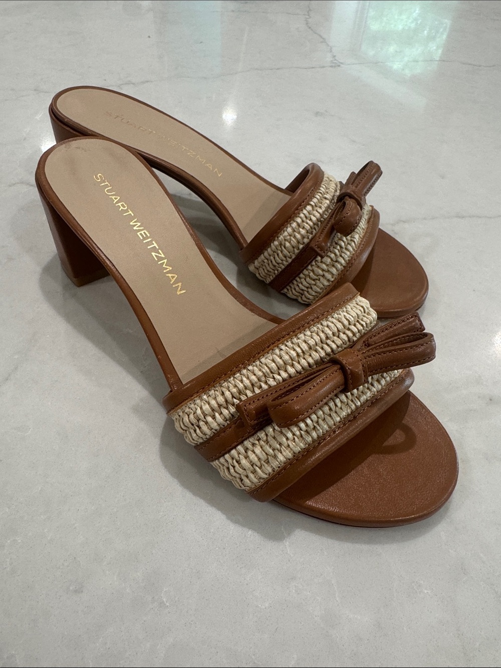 Stuart Weitzman Tan Leather and Raffia Slide Mules size 9